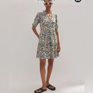 ME+EM Batik Floral Print Short Slub Dress Size 4 Cotton V-Neck Ruffles